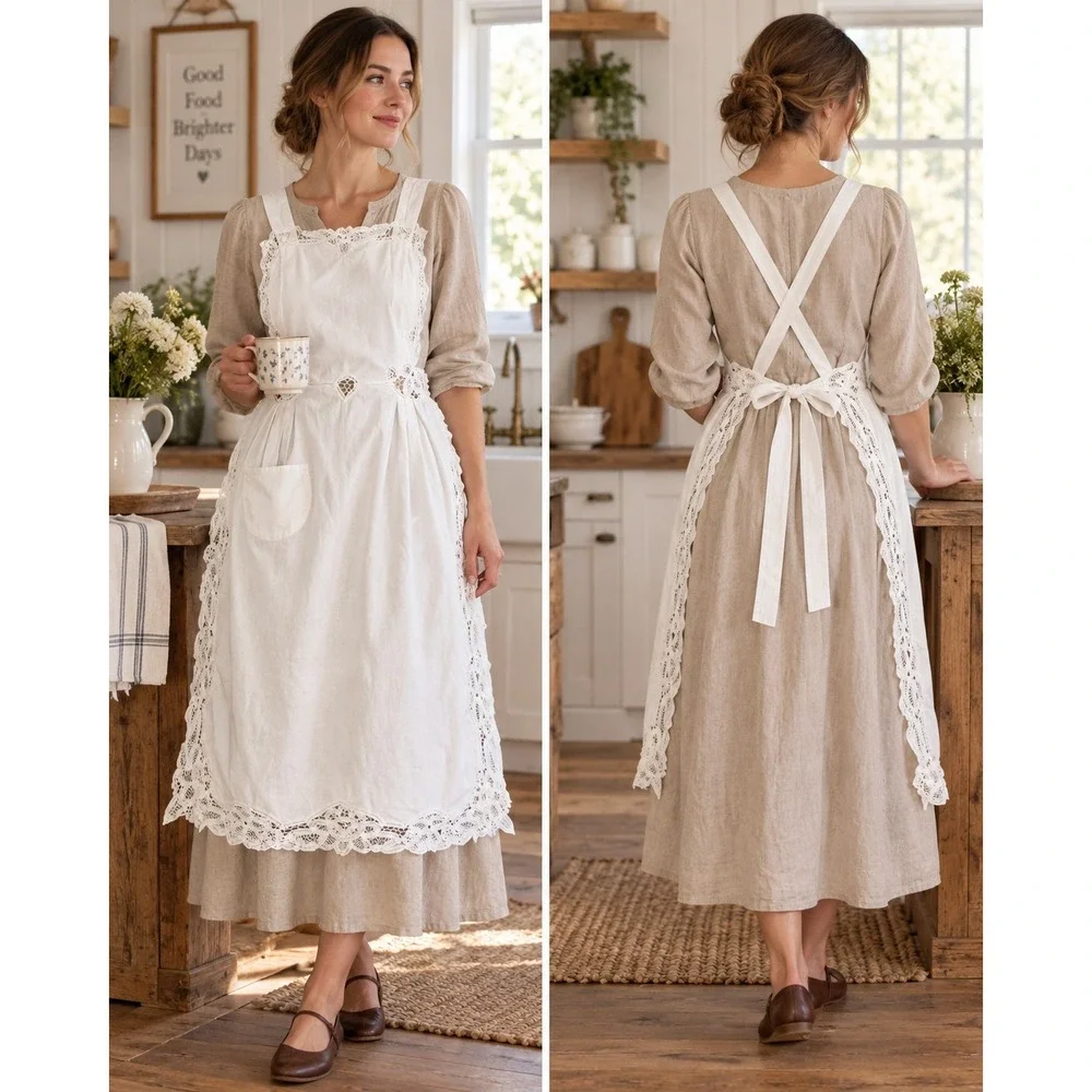 Vintage Apron White Lace Trim Adjustable Straps Full Bib Cottagecore Eyelet
